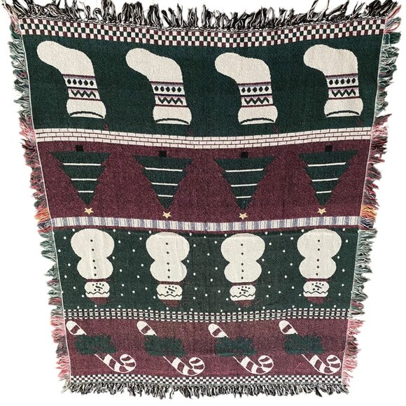 Lillian Vernon Christmas Tapestry Throw Blanket Reversible Stockings Snowmen - Picture 1 of 9